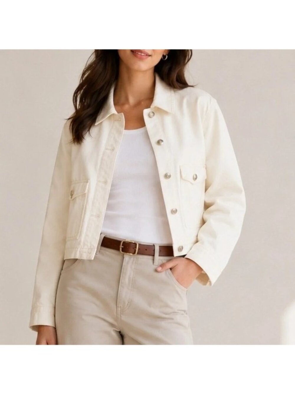 Madewell Chore Jacket Denim Button Front Cropped Travel Canvas Neutral Large